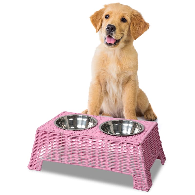 Serenity Elevated Pet Feeder 6.9" - Wicker Stand with 18oz Stainless Bowls - Pink