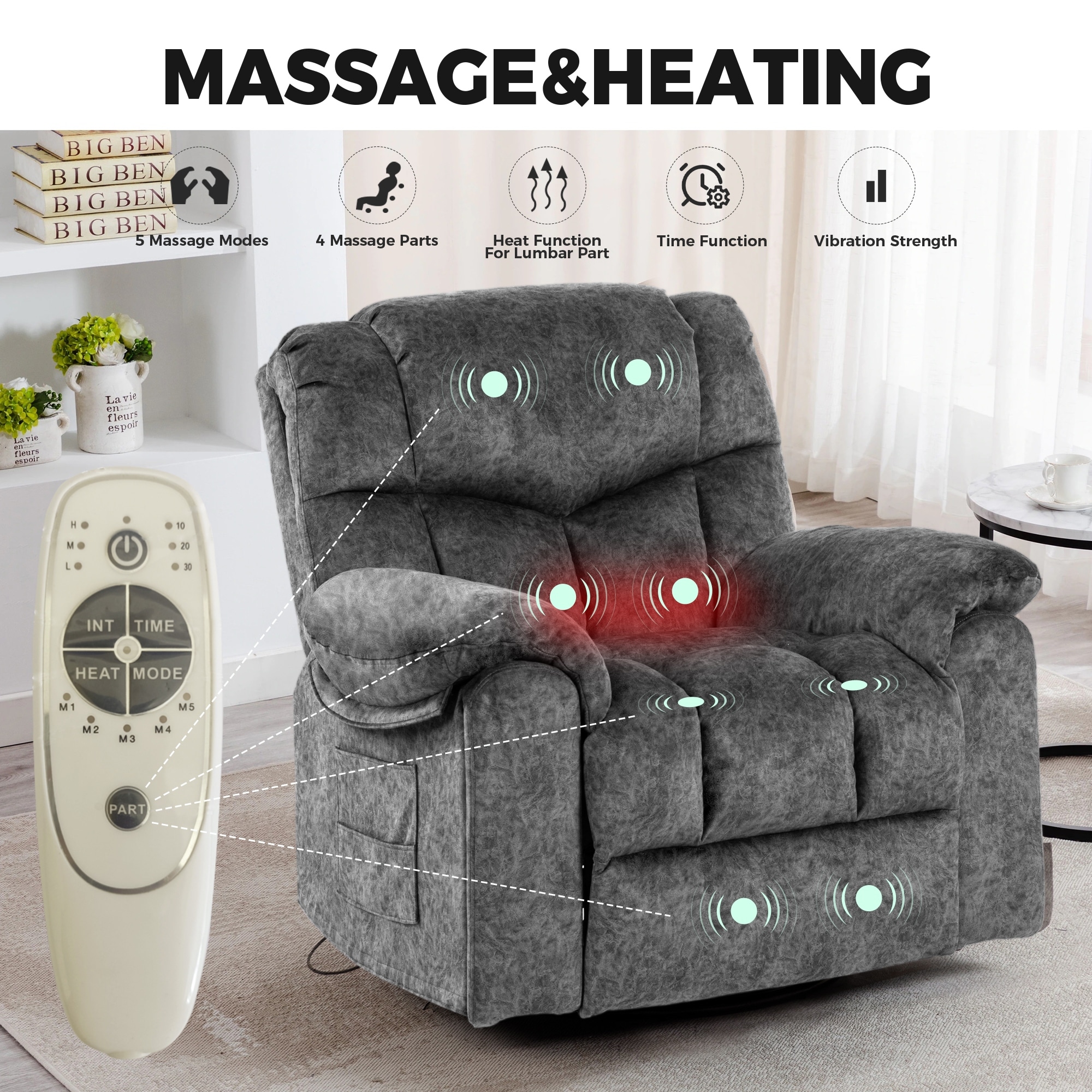 Rocker recliner chair online with heat and massage