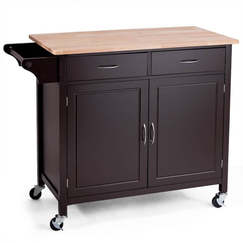 Brown Kitchen Island Storage Cart with Wood Top and Casters - 43" x 19.5" x 35.5" (L x W x H)