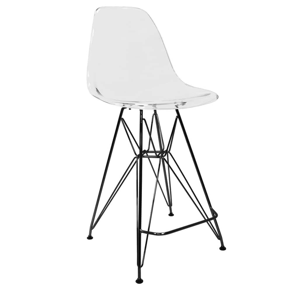 Cresco Ergonomic Acrylic in Brushed Black Steel Base Barstool with Footrest, & Floor Pads for Kitchen or Home Bar