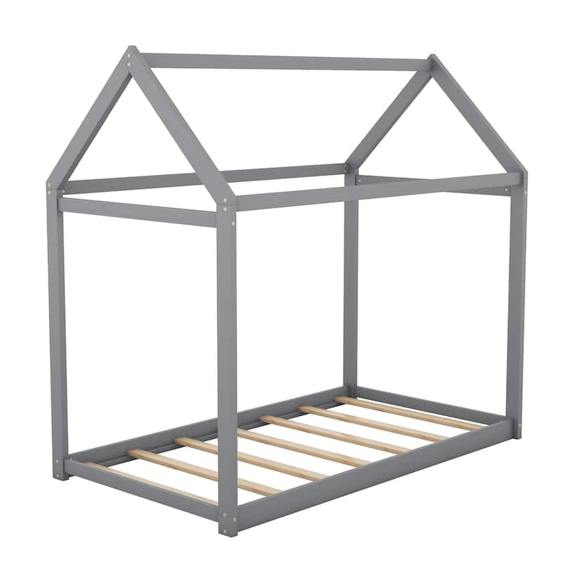 Solid Pinewood Twin Size House Shaped Floor Bed Frame with Roof Design