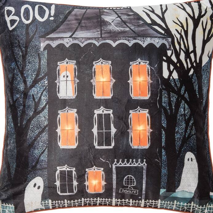18" x 18" Haunted House Halloween Boo Light-Up LED Throw Pillow
