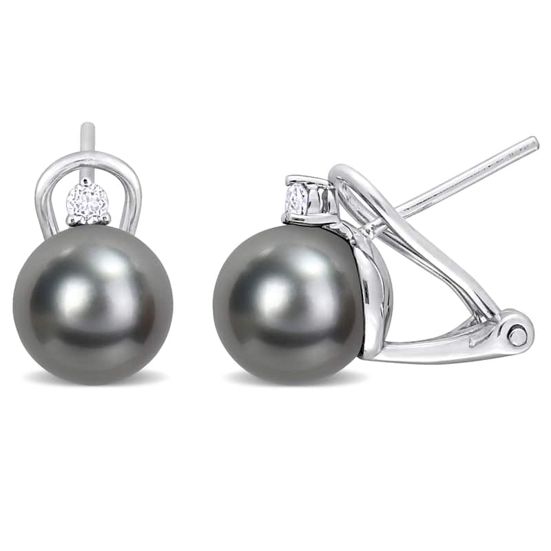 Miadora 8mm Black Tahitian Cultured Pearl 1/8 CT TGW White Topaz Earrings Sterling Silver