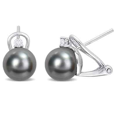 Miadora 8mm Black Tahitian Cultured Pearl 1/8 CT TGW White Topaz Earrings Sterling Silver