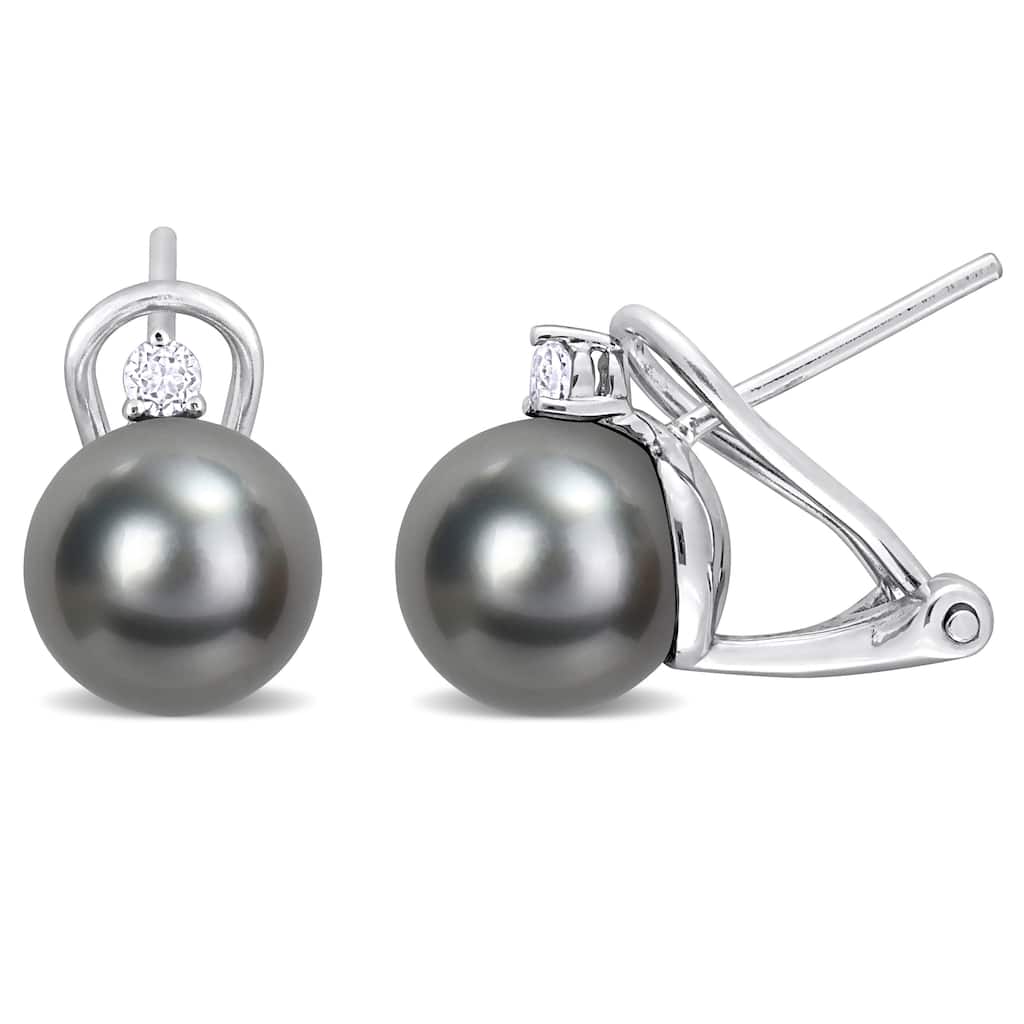 Miadora 8mm Black Tahitian Cultured Pearl 1/8 CT TGW White Topaz Earrings Sterling Silver