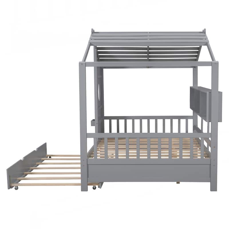 Wooden Full Size House Bed With Trundle, Modern Design for Kids with Storage Shlef