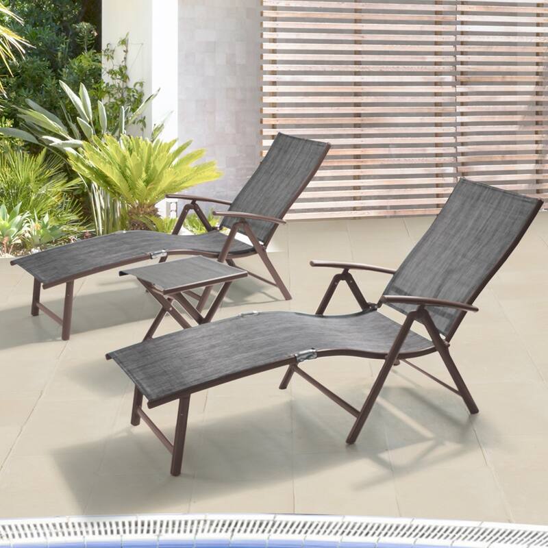 VredHom Outdoor Portable Folding Chaise Lounge Chair with Table (Set of 3) - 70" L x 20" W x 14" H