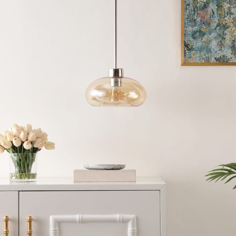 SAFAVIEH Lighting Berivan Glass Shade Pendant - 11 In. W x 11 In. D x 15-45 In. H - Amber/Nickel - 11Wx11Dx45H