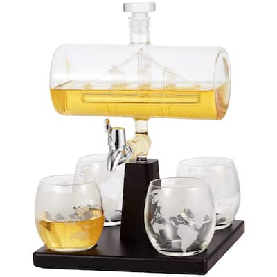 Berkware Whiskey Dispenser with Interior Hand-Crafted Ship-in-a-Bottle Design with 4 Globe Glasses
