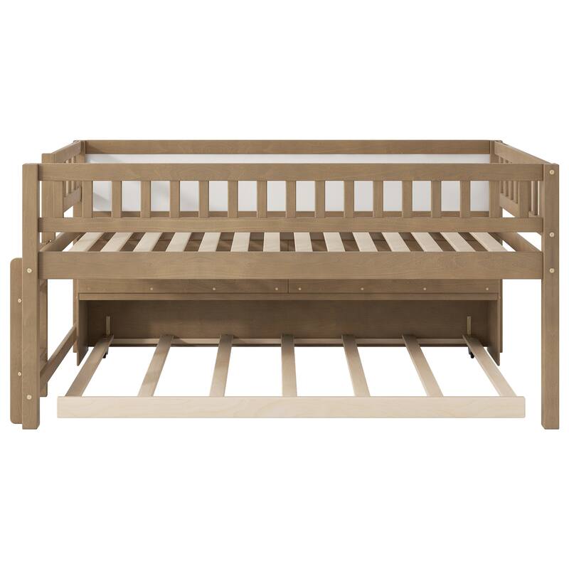 Twin Size Wood Low Loft Bed with Storage Shelves, Blackboard and Trundle, White