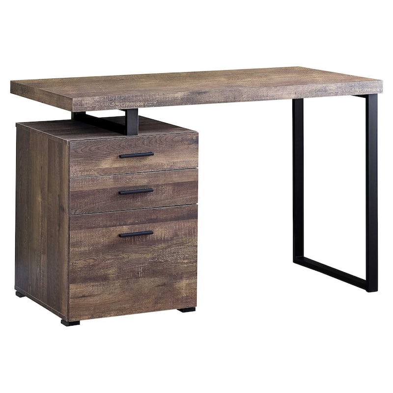 Wood Computer Desk with Drawers and Metal Pedestal Base - Brown-Black