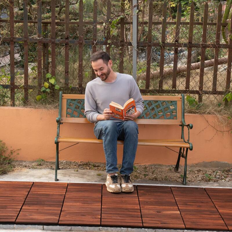10 PCS Interlocking Deck Tiles Striped Pattern, 12" x 12" Square Acacia Hardwood Outdoor Flooring for Patio, Bancony