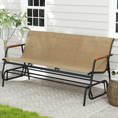 Black Brown Metal Teak 3-Person Glider Bench with Fabric Seat and Armrests - 29" L x 66.5" W x 33" H