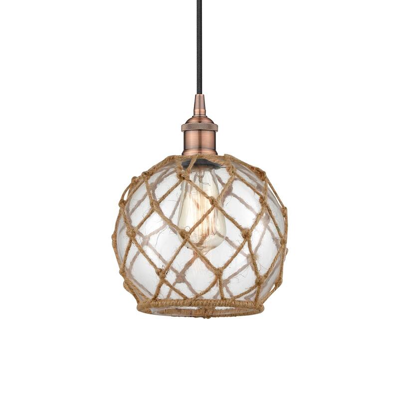 Innovations Lighting 616-1P-11-8 Farmhouse Pendant Farmhouse 8" Wide - Antique Copper / Clear Glass / Brown Rope