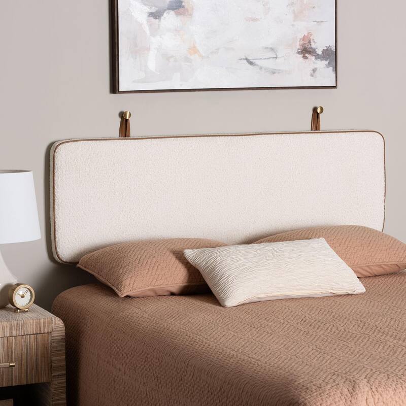 Belden Boucle Fabric Wall-Mounted Headboard - Cushioned Panel with Faux Leather Piping, Modern Accent Piece, Cream, Queen