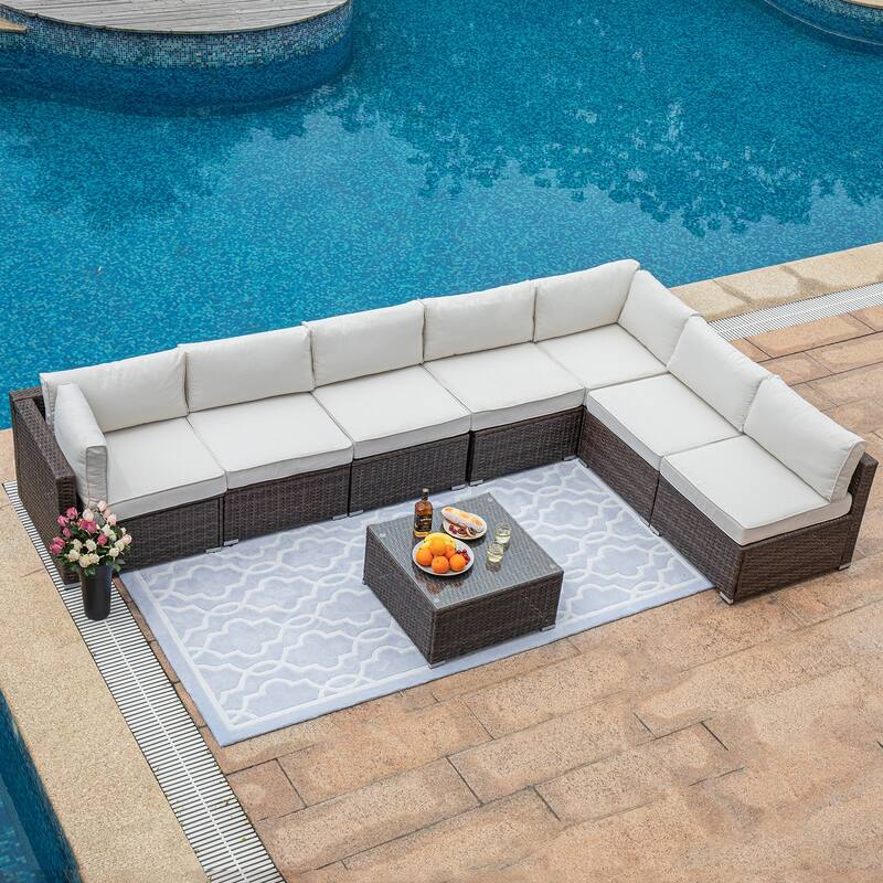 COSIEST 8-piece PE Wicker Outdoor Sectional Set with Cushions - BrownWicker+OffwhiteCushion