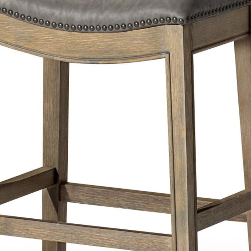 HomeRoots 26" Stone and Oak Faux Leather and Solid Wood Backless Counter Height Bar Chair
