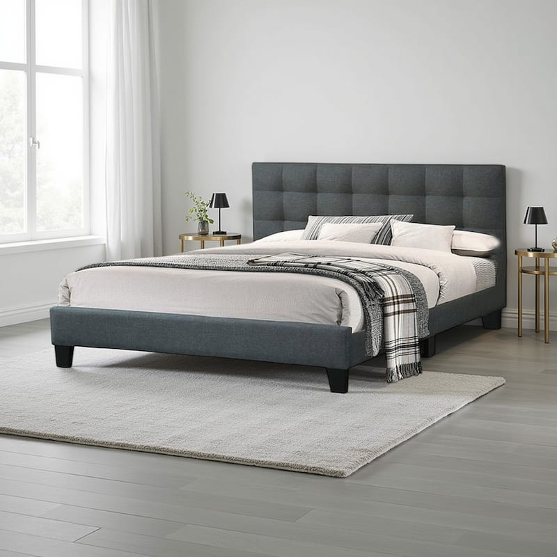 Dex Modern Platform King Size Bed, Plush Tufted Upholstery, Charcoal Gray