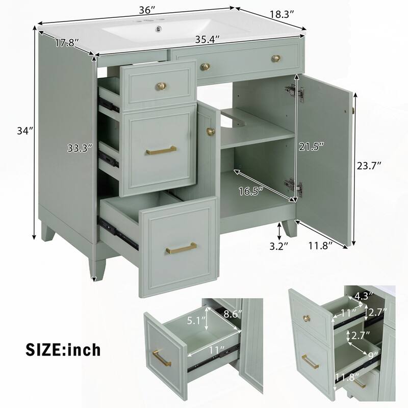 Bathroom Vanity with Ceramic Sink and Adjustable Shelves