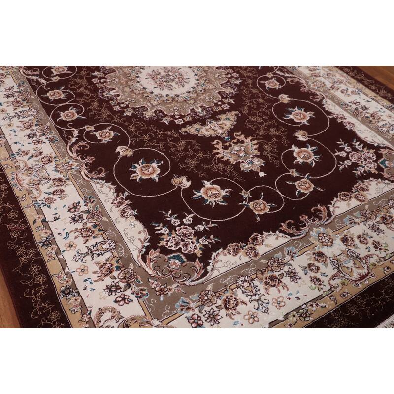 Burgundy Red Floral Kashan Turkish Rug Machine-Made Carpet - 6'7" x 9'10"