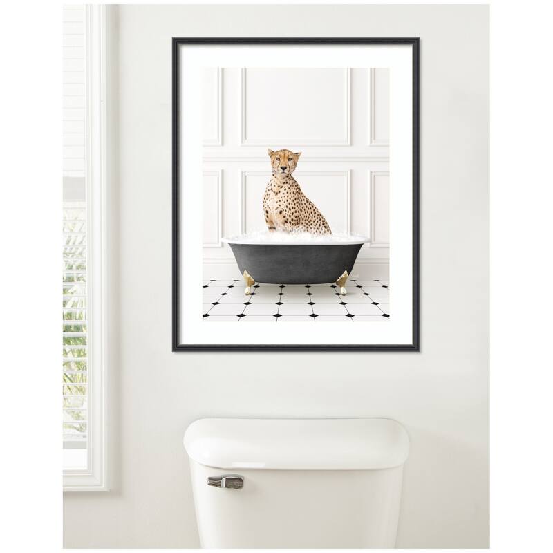 Kate and Laurel Cheetah in Classic Black and White Bathtub by Amy Peterson Framed Wall Art Print