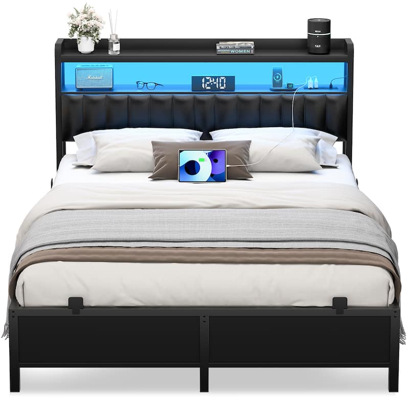 Platform Bed Frame with Upholstered Storage Headboard, Full/ Queen/ King Beds with Charge Station and LED Lights