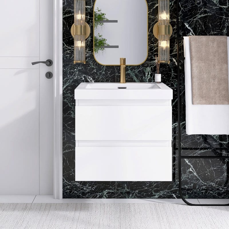24"/30"/36"/48" Wall-Mounted 2-drawer Bathroom Vanity Set with Integrated Resin Sink - 24" - HighGlossWhite