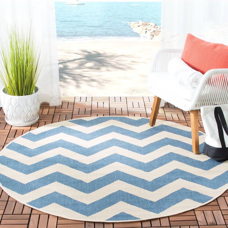 SAFAVIEH Courtyard Reeta Indoor/ Outdoor Waterproof Patio Backyard Rug - 6'7" Round - Blue/Beige