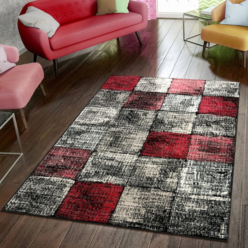 Abstract Area Rug For Living Room Checkered in Red Black White - 5'3" x 7'3"