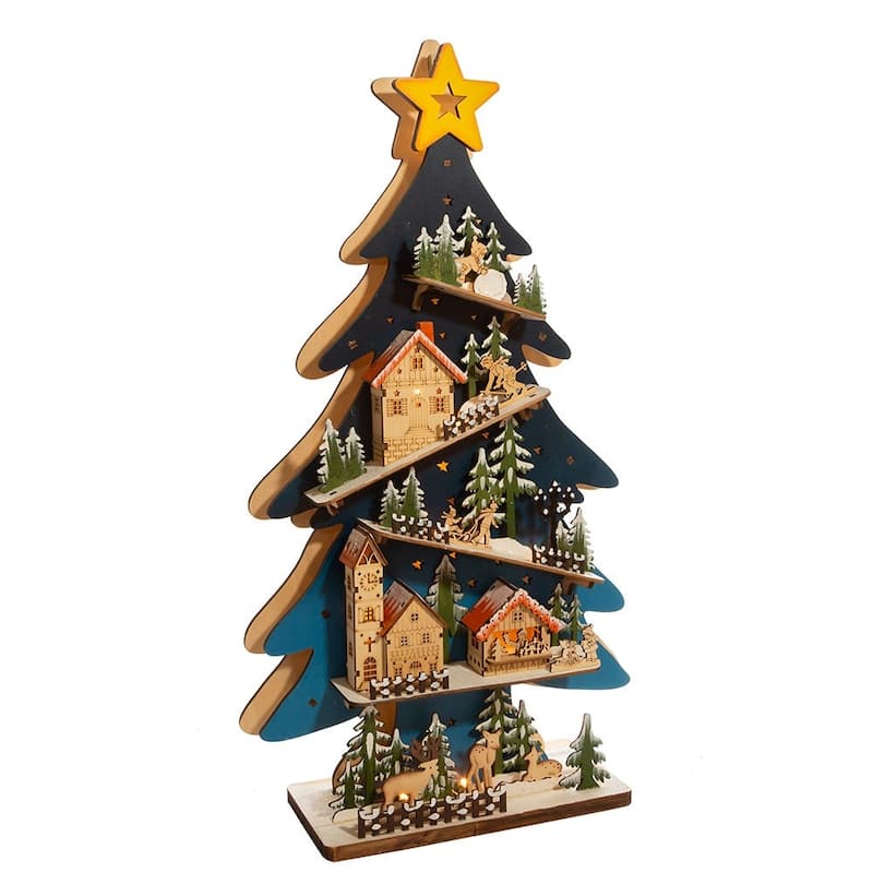 Kurt Adler 23.6-inch Lighted Wooden Christmas Tree with Village Scene