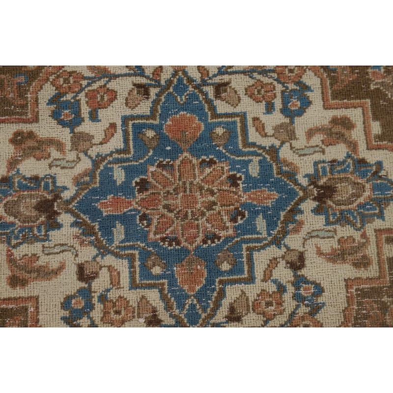 Distressed Mashad Vintage Persian Area Rug Hand-Made Wool Carpet - 9'7" x 13'2"