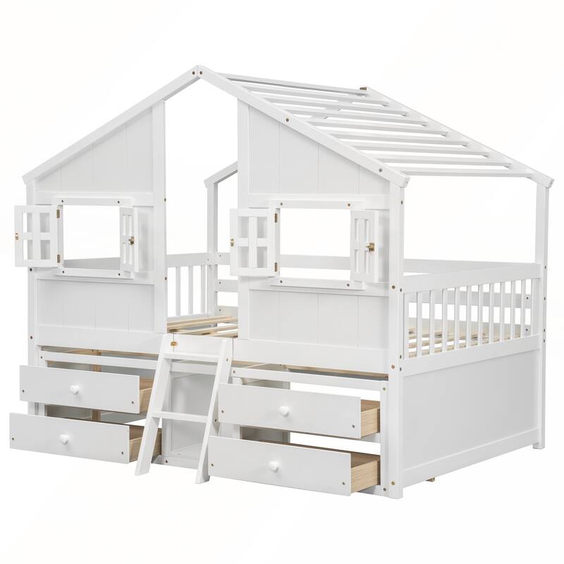 Full Size House Loft Bed with 4 Storage Drawers and Safety Guardrails