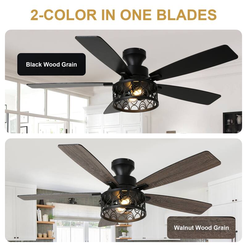 Cusp Barn 52-In Farmhouse Flush Mount Ceiling Fan with Lights and Remote Control, Black Caged Low Profile Chandelier Ceiling Fan