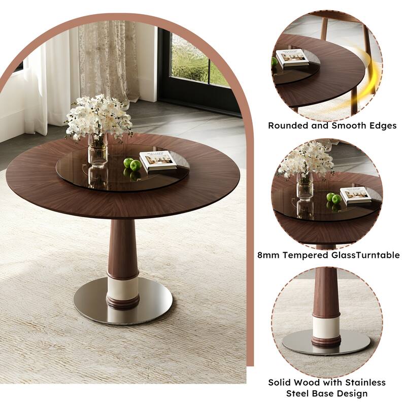 47" Solid Wood Round Dining Table with Tempered Glass Lazy Susan, Retro Style Kitchen Table with Metal Base