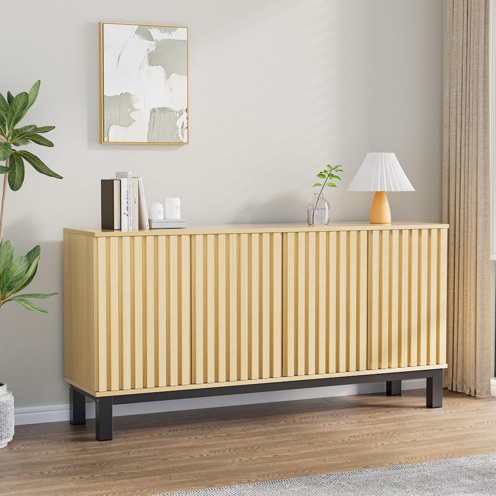 Fluted Sideboard Buffet Cabinet with 4 Doors, Modern Storage Credenza with Adjustable Shelves for Dining Room & Entryway