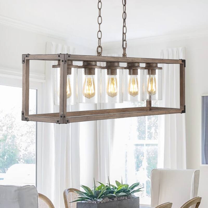 Darlene 36" 5-Light Linear Adjustable Iron/Seeded Glass Rustic Farmhouse LED Pendant, Brown by JONATHAN Y