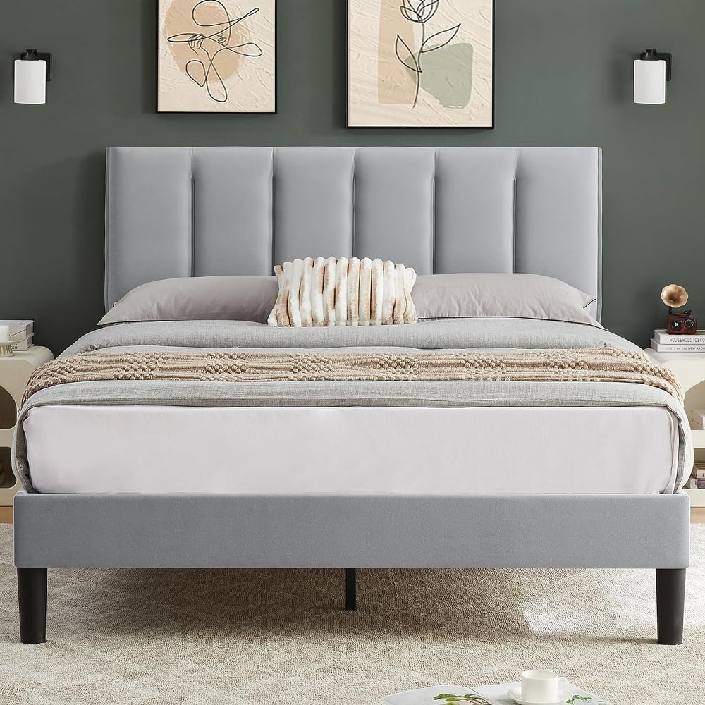 Javlergo Velvet Upholstered Platform Bed Frame with Adjustable Headboard 7.9 Inch Underbed Storage Bed Frame for Small Spaces