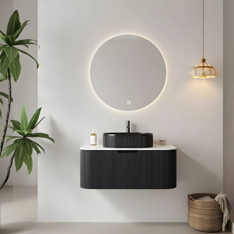 Wall Mounted Bathroom Vanity with Black Oval Ceramic Basin - 36 - Black