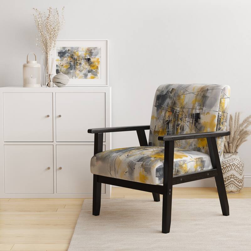 Designart "Yellow and Grey Beyond The Canvas I" Upholstered Abstract Accent Chair and Modern & Contemporary Arm Chair - Arm Chair