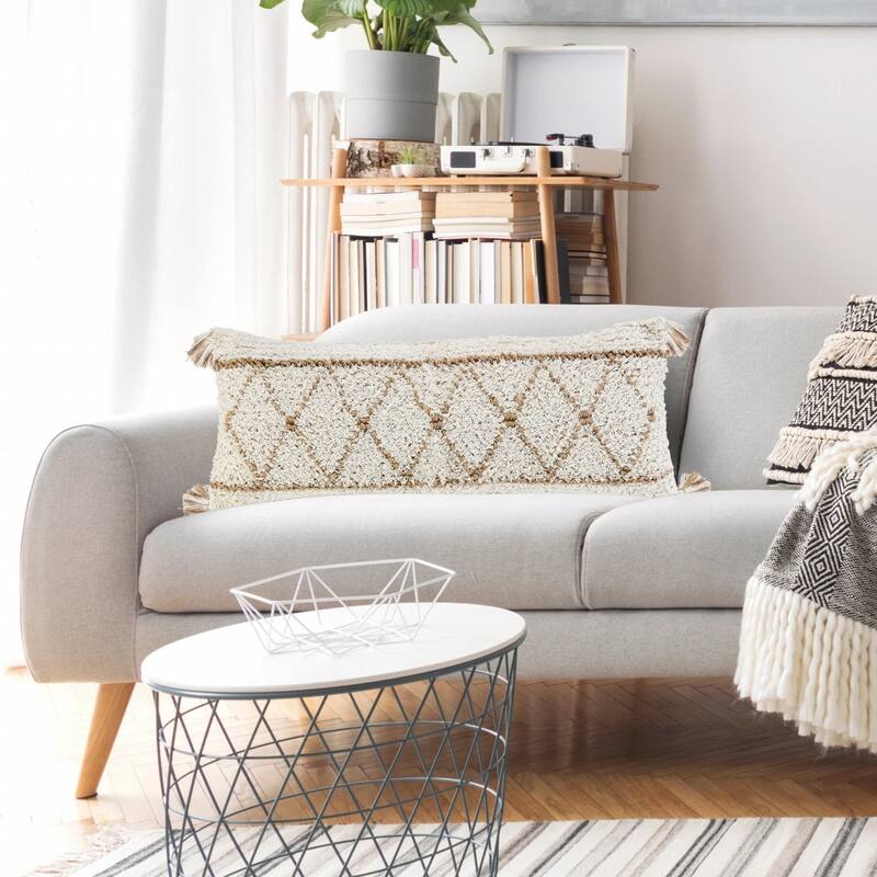 HomeRoots 14" X 36" White And Tan 100% Cotton Geometric Zippered Pillow