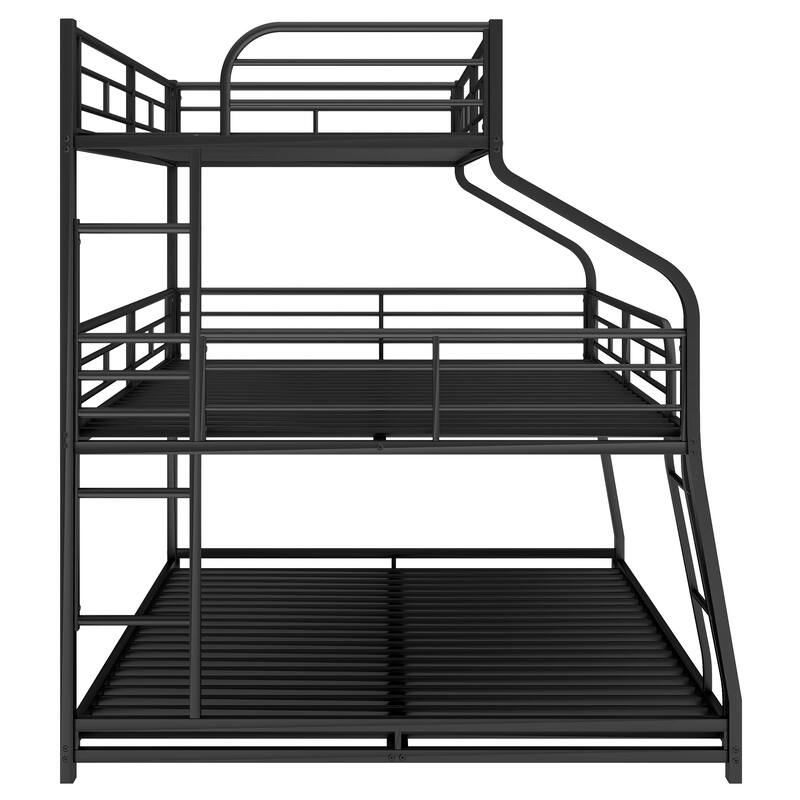 Black Metal Triple Bunk Bed with Long and Short Ladder and FullLength