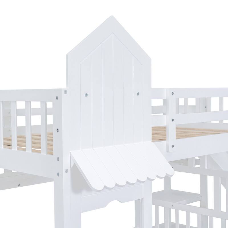Full-Over-Full Castle Style Bunk Bed with 2 Drawers 3 Shelves and Slide