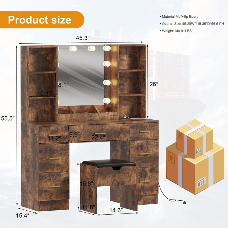 56" Farmhouse Makeup Vanity Set with Lighted Mirror, Charging Station, 7 Drawers