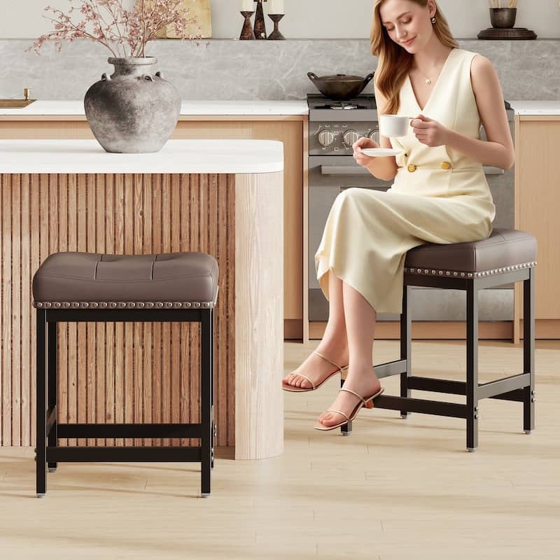 RENEWLINE 24.4" Backless Bar Stools Set of 2 - PU Leather Counter Height - Kitchen Island & Bar