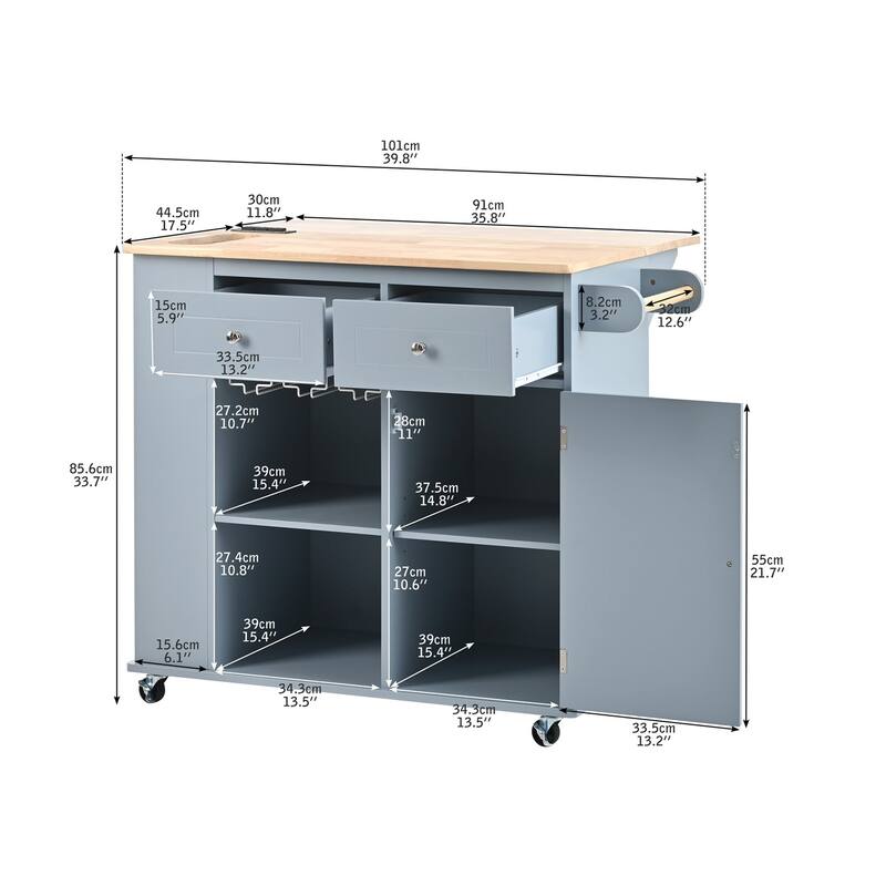 Multifunctional Kitchen Cart with Power Outlet, Open Storage and Wine Rack - 40" x 30"