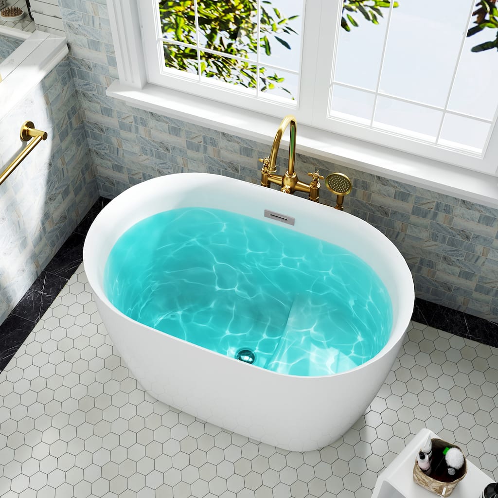 43 in. Freestanding Acrylic Japanese Soaking Bathtub, Oval Compact Space-Saving Design with Included Drainer