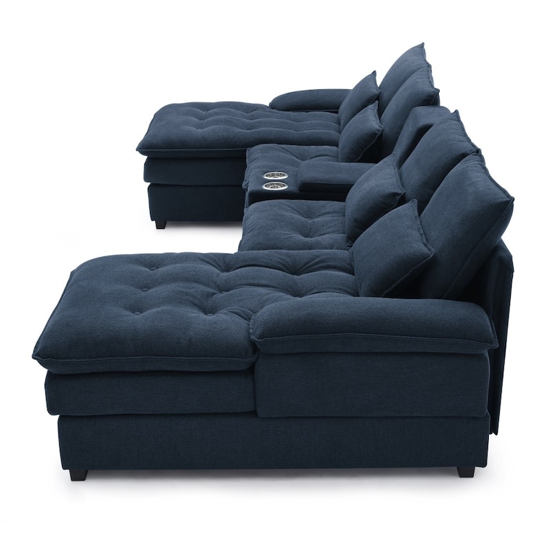 130" Modern Upholstered Sectional Sofa with Console and Chaise, Pillows