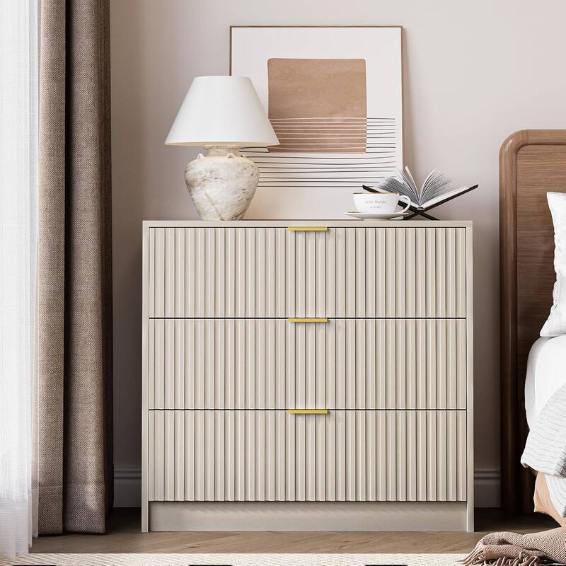 3 Drawer Fluted Dresser, 32 Inch Wide Nightstand with Large Drawer End Table for Bedroom