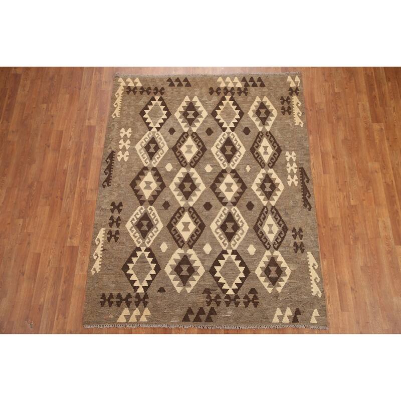 Hand Woven Oriental 100% Wool Carpet Southwestern Geometric Brown Kilim Area Rug - 6' 8'' X 5' 2''