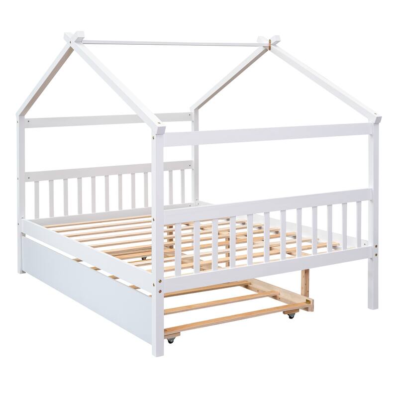 Twin/Full House Bed with Pull-Out Trundle, Solid Pine Wood Frame for Sleepovers